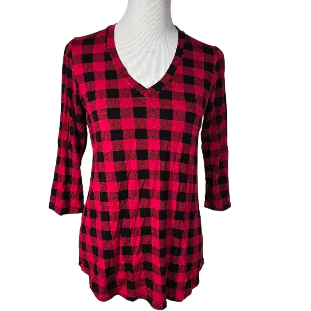 Pure Essence Urbanology Small Petite Red and Black Checkered V-Neck Top